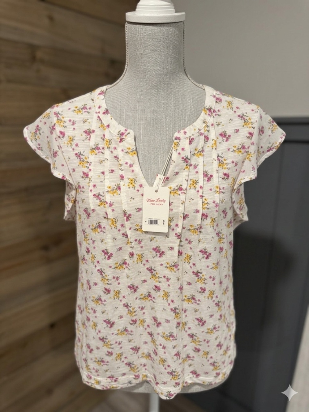Lucky Brand Floral Pintuck Flutter Sleeve Top - Pink/Yellow